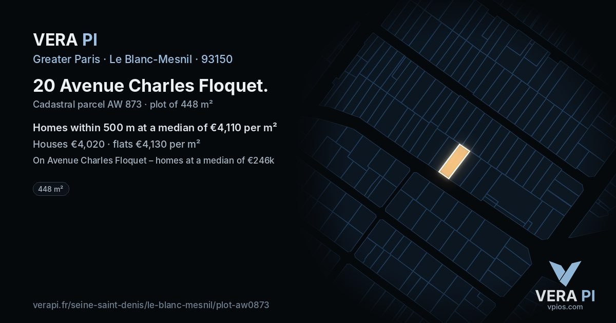 20 Avenue Charles Floquet, Le Blanc-Mesnil at night – the plot lit, the parcels around coloured by the prices near them