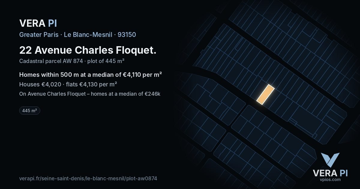 22 Avenue Charles Floquet, Le Blanc-Mesnil at night – the plot lit, the parcels around coloured by the prices near them