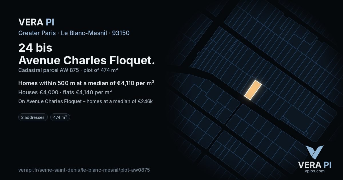24 bis Avenue Charles Floquet, Le Blanc-Mesnil at night – the plot lit, the parcels around coloured by the prices near them