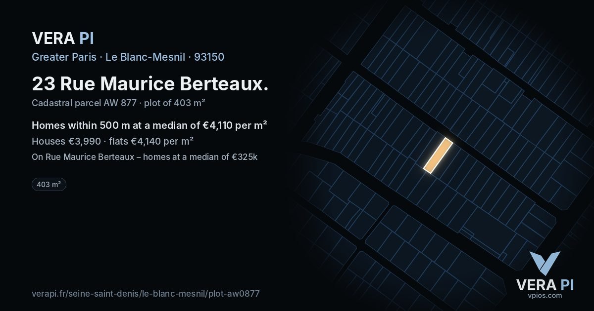 23 Rue Maurice Berteaux, Le Blanc-Mesnil at night – the plot lit, the parcels around coloured by the prices near them