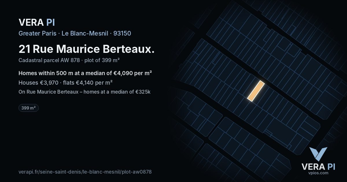 21 Rue Maurice Berteaux, Le Blanc-Mesnil at night – the plot lit, the parcels around coloured by the prices near them