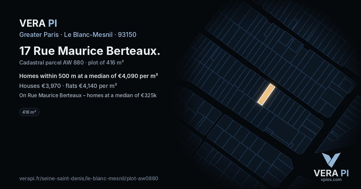 17 Rue Maurice Berteaux, Le Blanc-Mesnil at night – the plot lit, the parcels around coloured by the prices near them