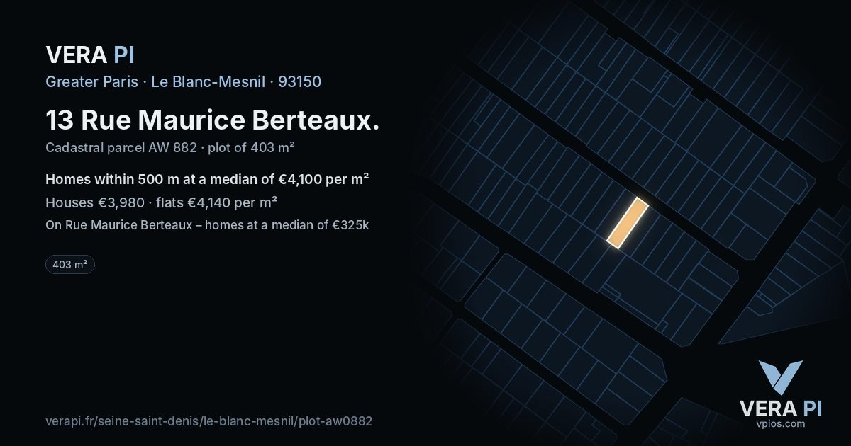 13 Rue Maurice Berteaux, Le Blanc-Mesnil at night – the plot lit, the parcels around coloured by the prices near them