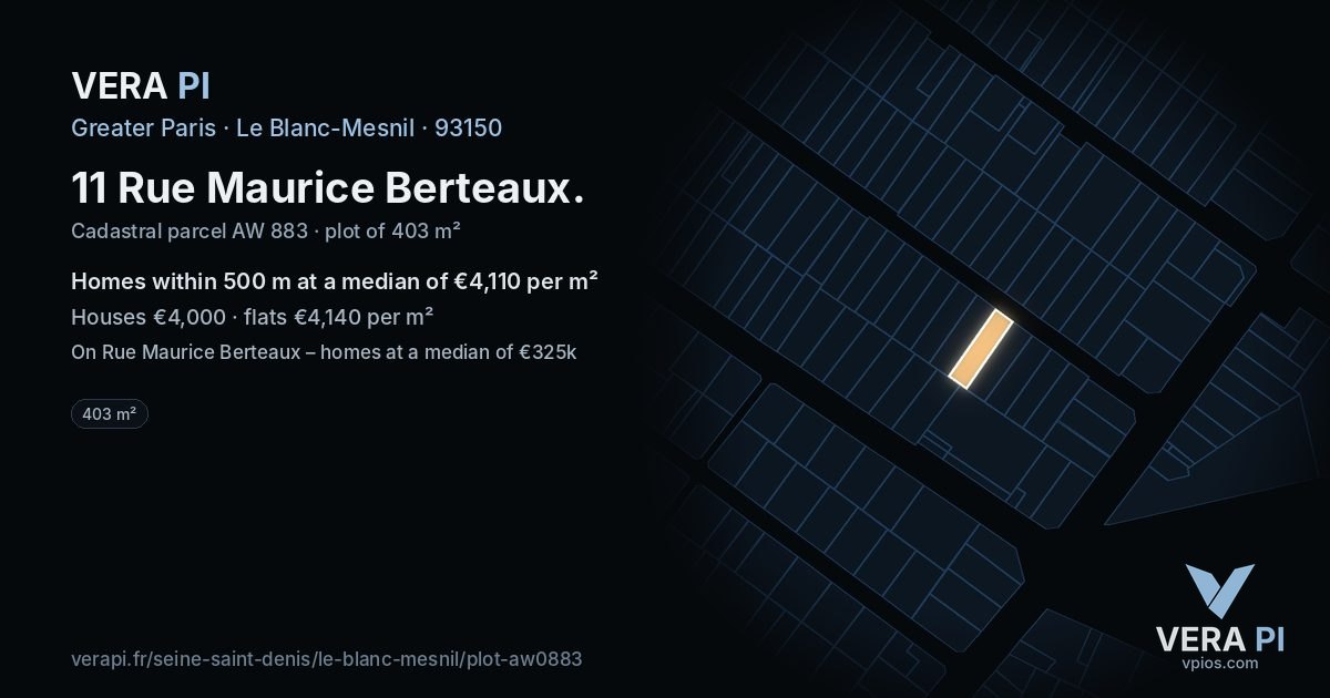 11 Rue Maurice Berteaux, Le Blanc-Mesnil at night – the plot lit, the parcels around coloured by the prices near them