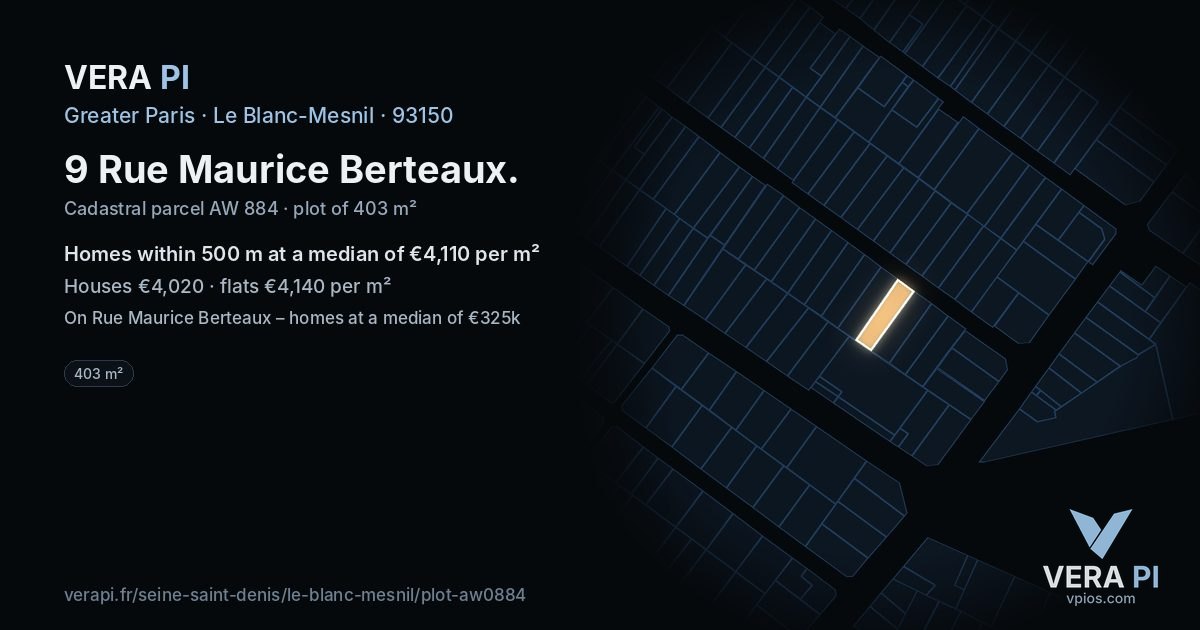 9 Rue Maurice Berteaux, Le Blanc-Mesnil at night – the plot lit, the parcels around coloured by the prices near them