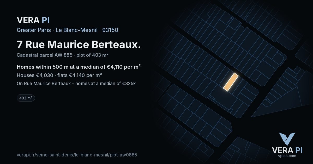 7 Rue Maurice Berteaux, Le Blanc-Mesnil at night – the plot lit, the parcels around coloured by the prices near them