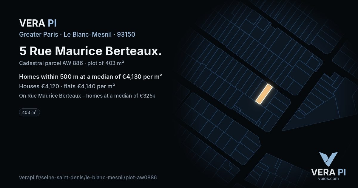 5 Rue Maurice Berteaux, Le Blanc-Mesnil at night – the plot lit, the parcels around coloured by the prices near them