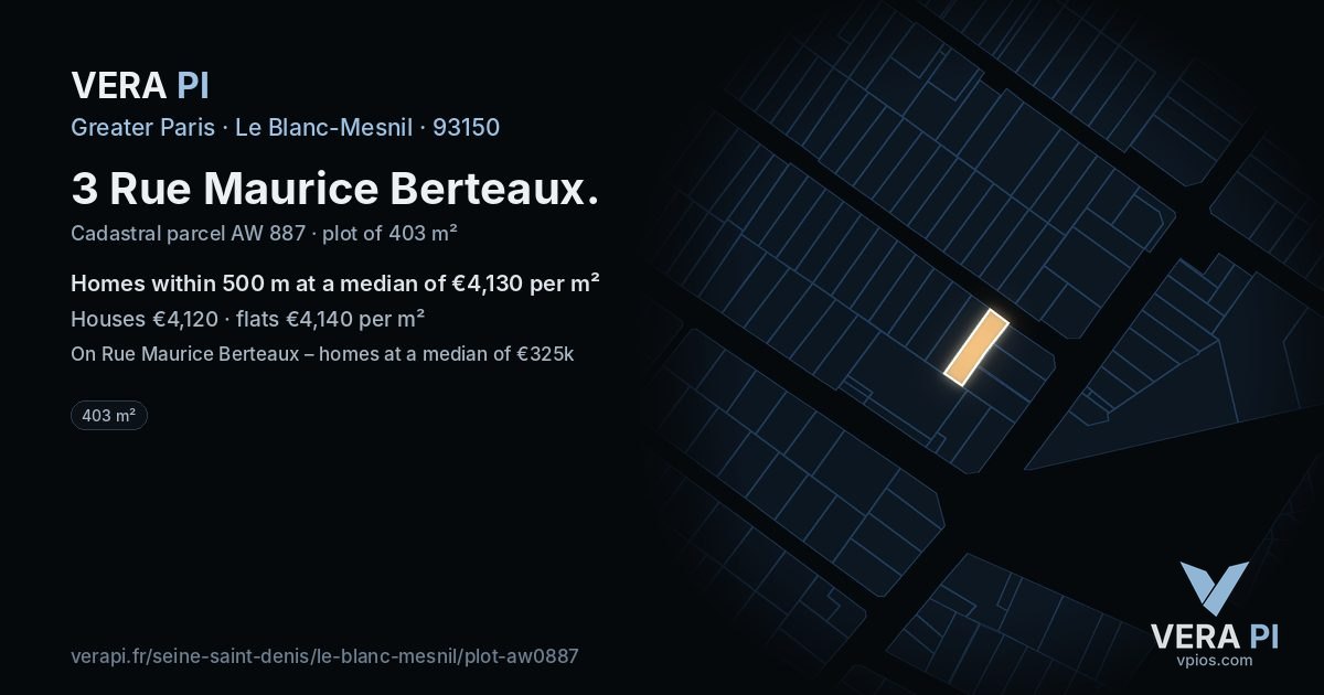 3 Rue Maurice Berteaux, Le Blanc-Mesnil at night – the plot lit, the parcels around coloured by the prices near them