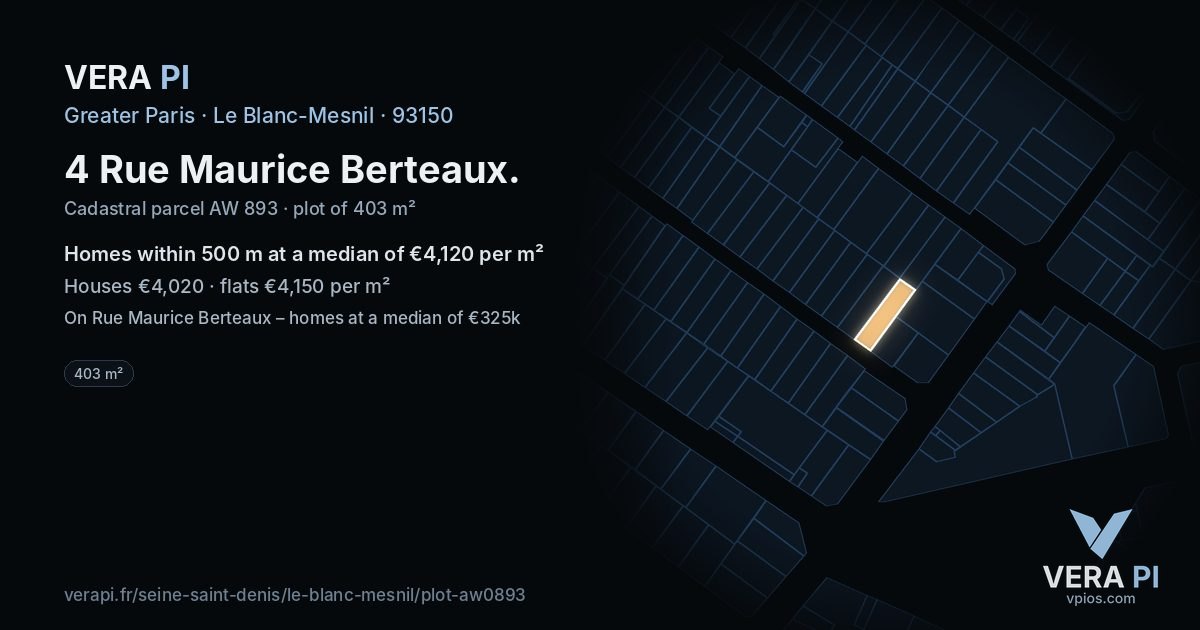 4 Rue Maurice Berteaux, Le Blanc-Mesnil at night – the plot lit, the parcels around coloured by the prices near them