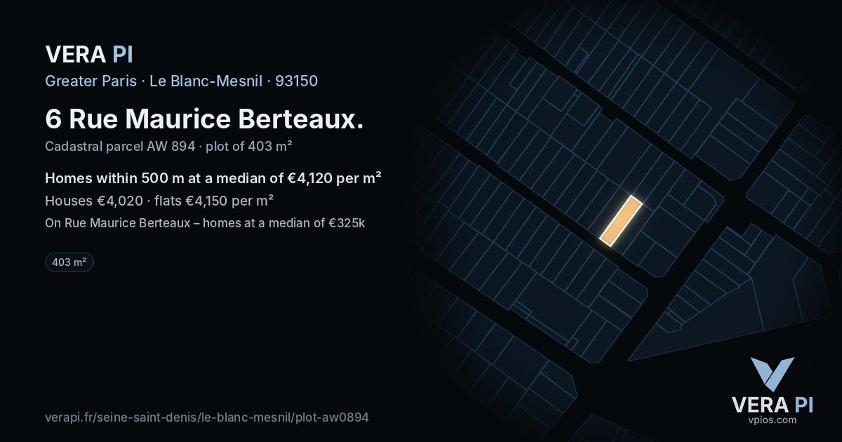 6 Rue Maurice Berteaux, Le Blanc-Mesnil at night – the plot lit, the parcels around coloured by the prices near them