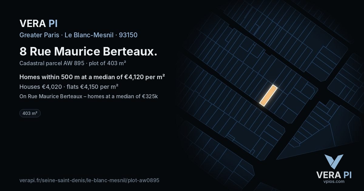 8 Rue Maurice Berteaux, Le Blanc-Mesnil at night – the plot lit, the parcels around coloured by the prices near them