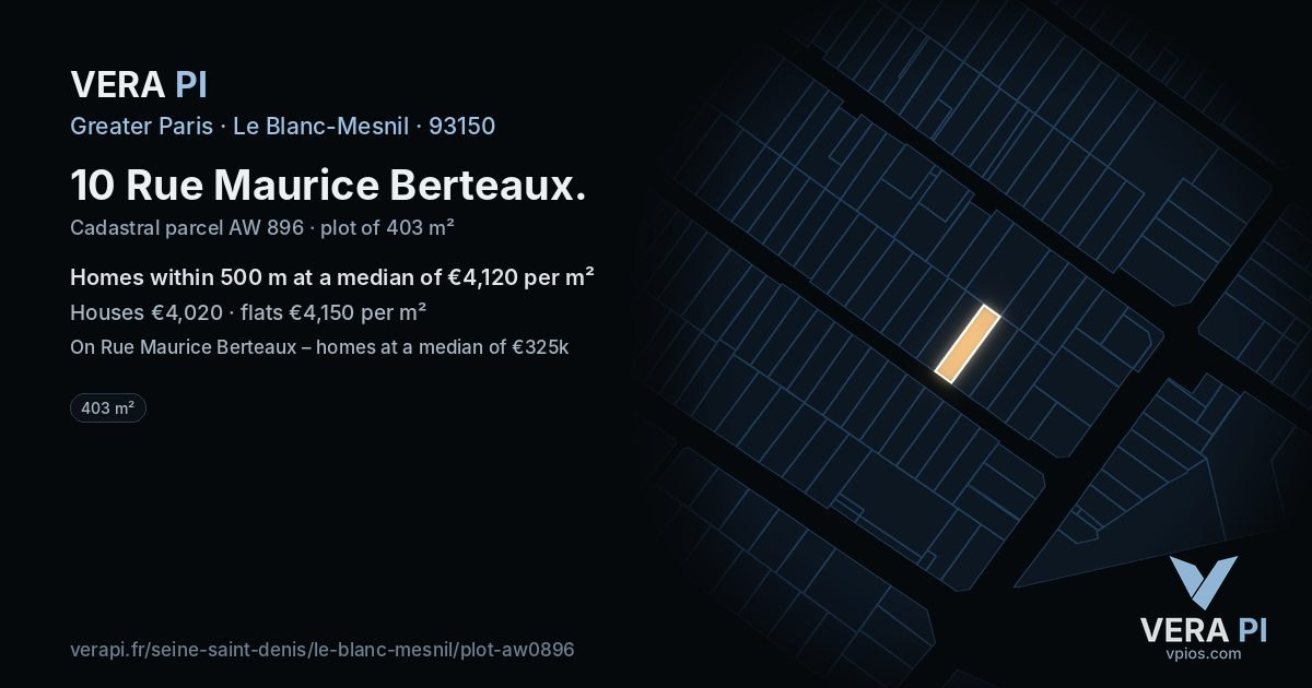 10 Rue Maurice Berteaux, Le Blanc-Mesnil at night – the plot lit, the parcels around coloured by the prices near them