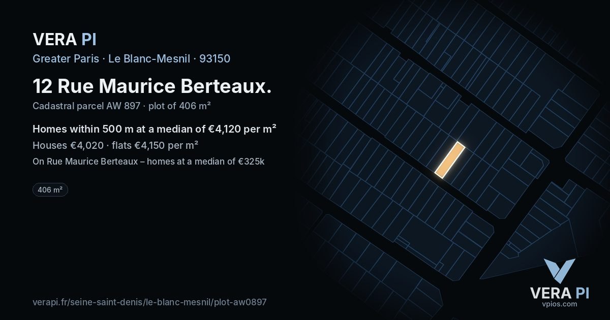 12 Rue Maurice Berteaux, Le Blanc-Mesnil at night – the plot lit, the parcels around coloured by the prices near them