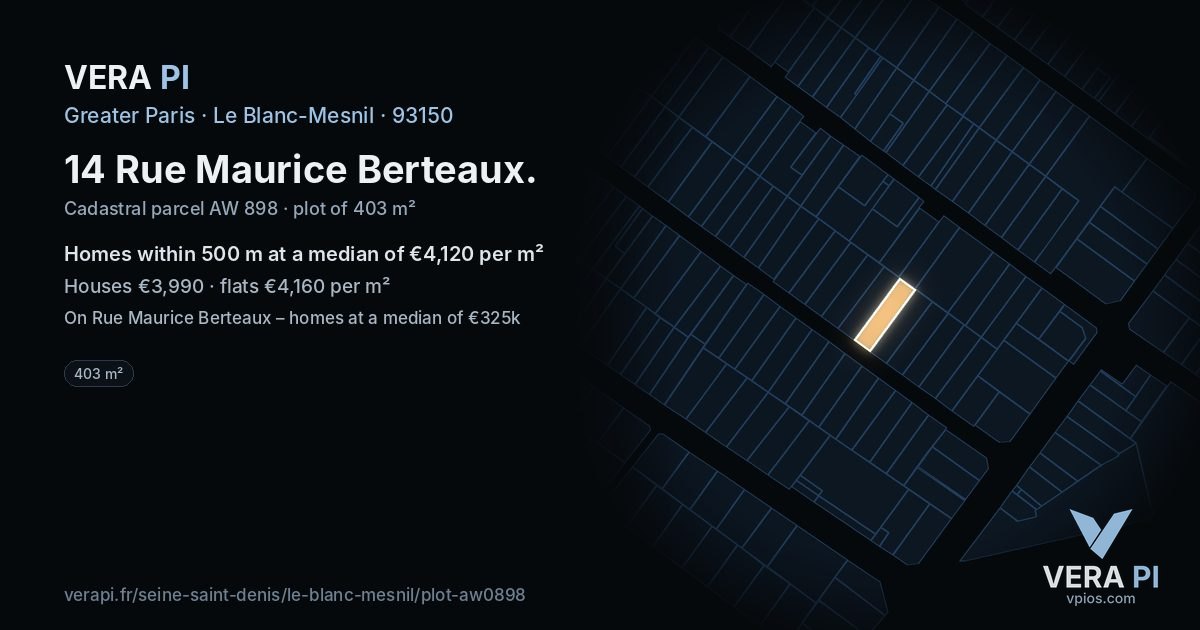 14 Rue Maurice Berteaux, Le Blanc-Mesnil at night – the plot lit, the parcels around coloured by the prices near them