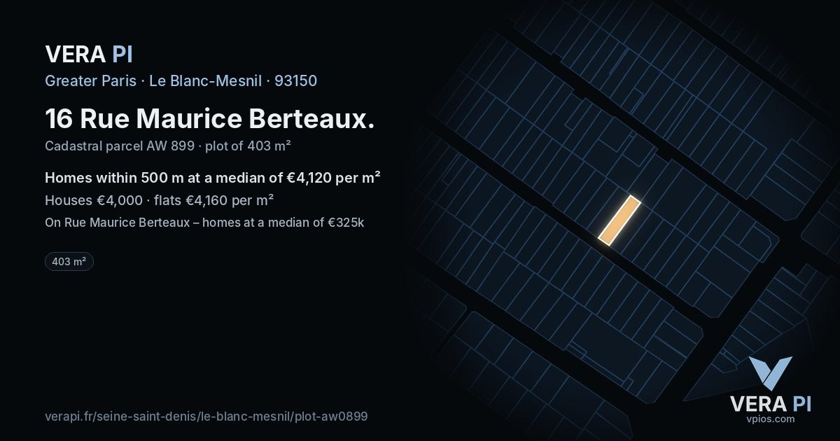 16 Rue Maurice Berteaux, Le Blanc-Mesnil at night – the plot lit, the parcels around coloured by the prices near them