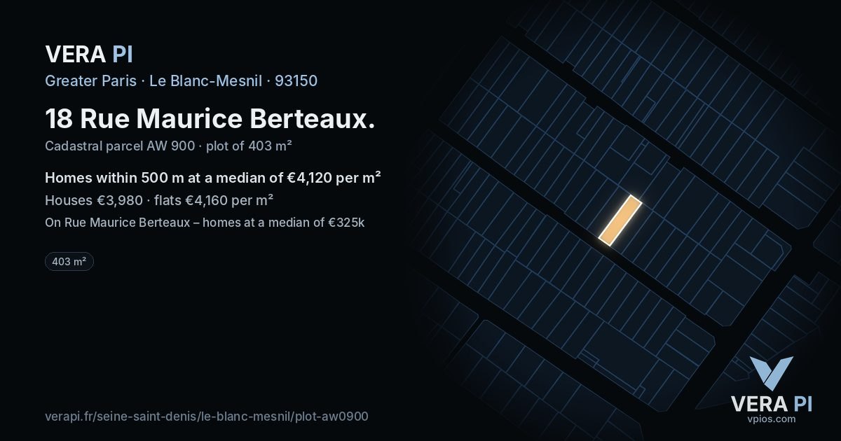 18 Rue Maurice Berteaux, Le Blanc-Mesnil at night – the plot lit, the parcels around coloured by the prices near them