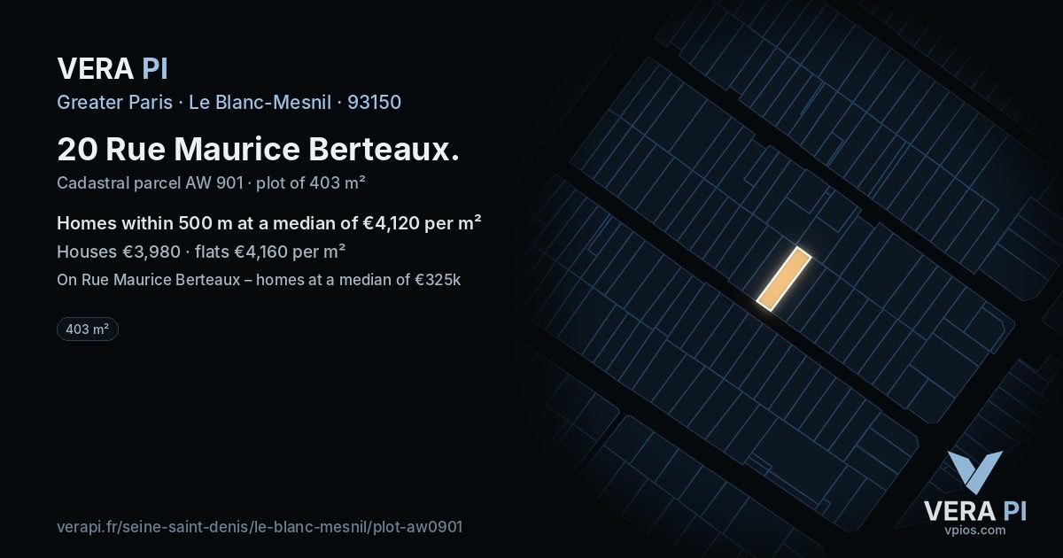 20 Rue Maurice Berteaux, Le Blanc-Mesnil at night – the plot lit, the parcels around coloured by the prices near them