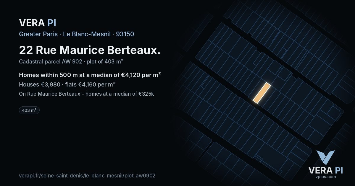 22 Rue Maurice Berteaux, Le Blanc-Mesnil at night – the plot lit, the parcels around coloured by the prices near them