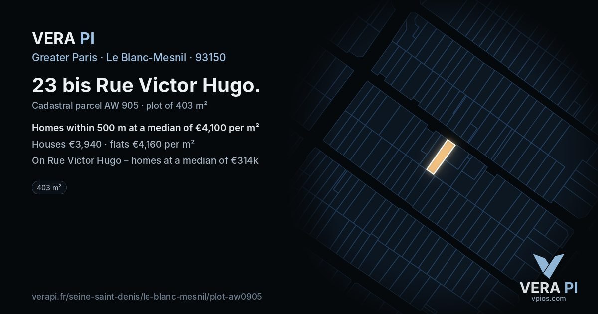23 bis Rue Victor Hugo, Le Blanc-Mesnil at night – the plot lit, the parcels around coloured by the prices near them
