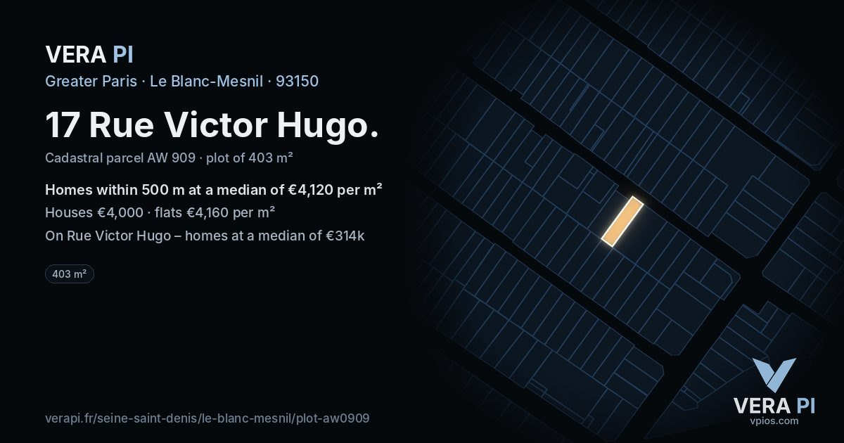 17 Rue Victor Hugo, Le Blanc-Mesnil at night – the plot lit, the parcels around coloured by the prices near them
