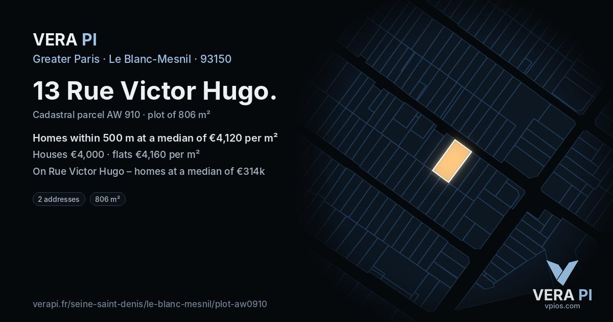 13 Rue Victor Hugo, Le Blanc-Mesnil at night – the plot lit, the parcels around coloured by the prices near them