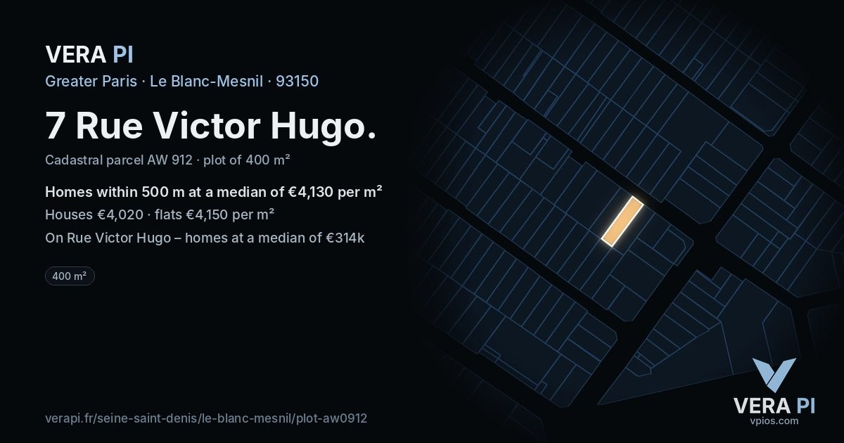 7 Rue Victor Hugo, Le Blanc-Mesnil at night – the plot lit, the parcels around coloured by the prices near them