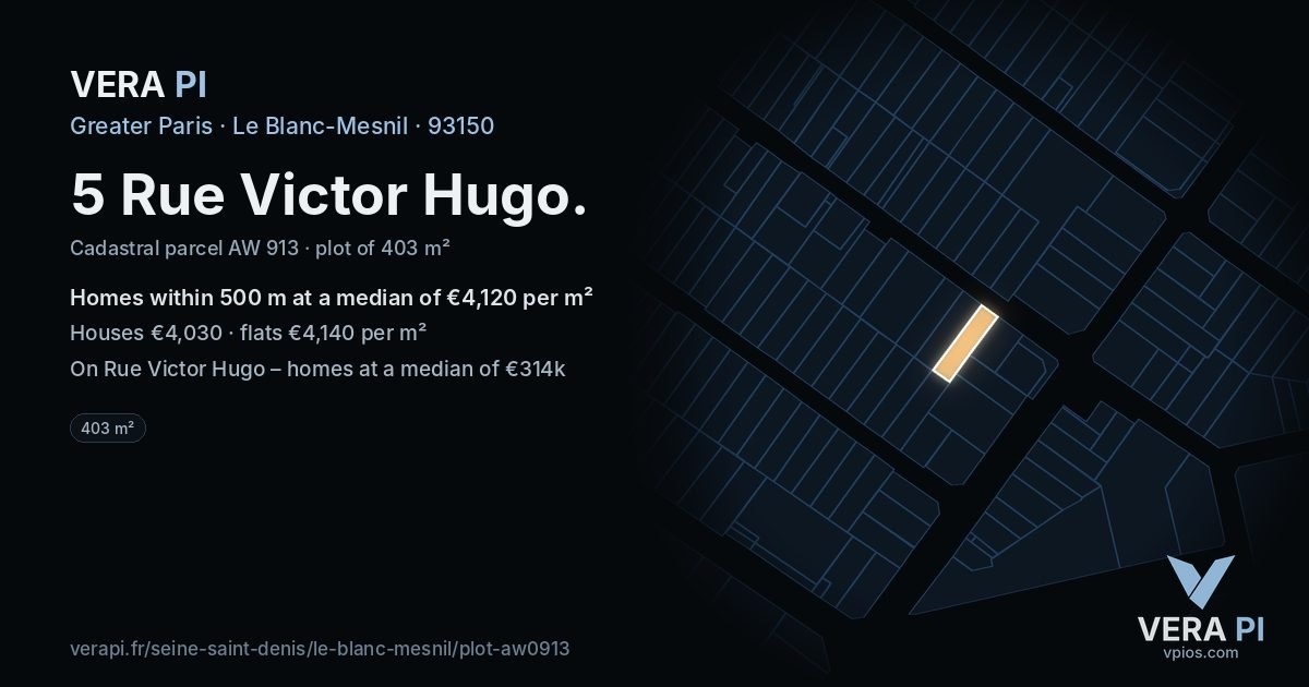 5 Rue Victor Hugo, Le Blanc-Mesnil at night – the plot lit, the parcels around coloured by the prices near them