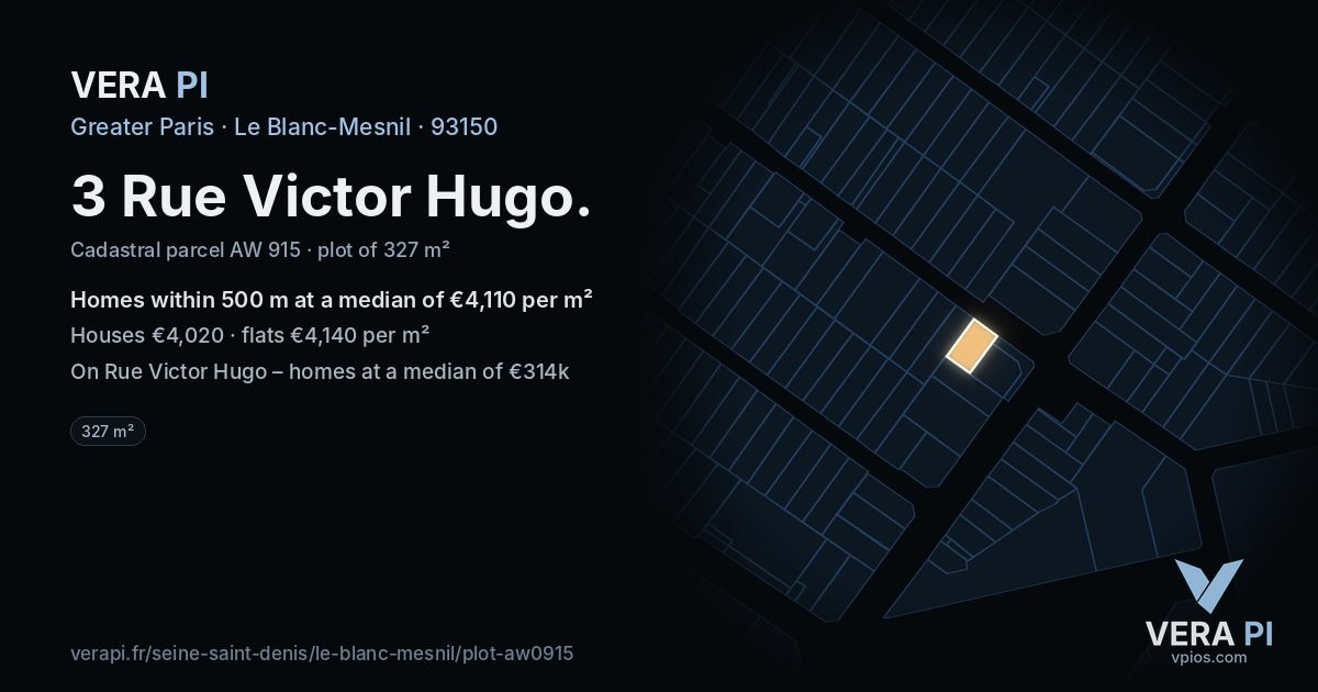 3 Rue Victor Hugo, Le Blanc-Mesnil at night – the plot lit, the parcels around coloured by the prices near them
