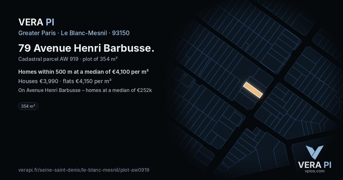 79 Avenue Henri Barbusse, Le Blanc-Mesnil at night – the plot lit, the parcels around coloured by the prices near them