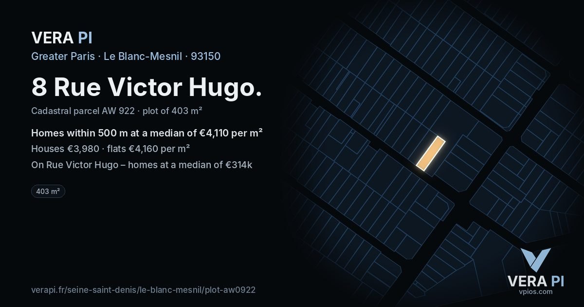 8 Rue Victor Hugo, Le Blanc-Mesnil at night – the plot lit, the parcels around coloured by the prices near them