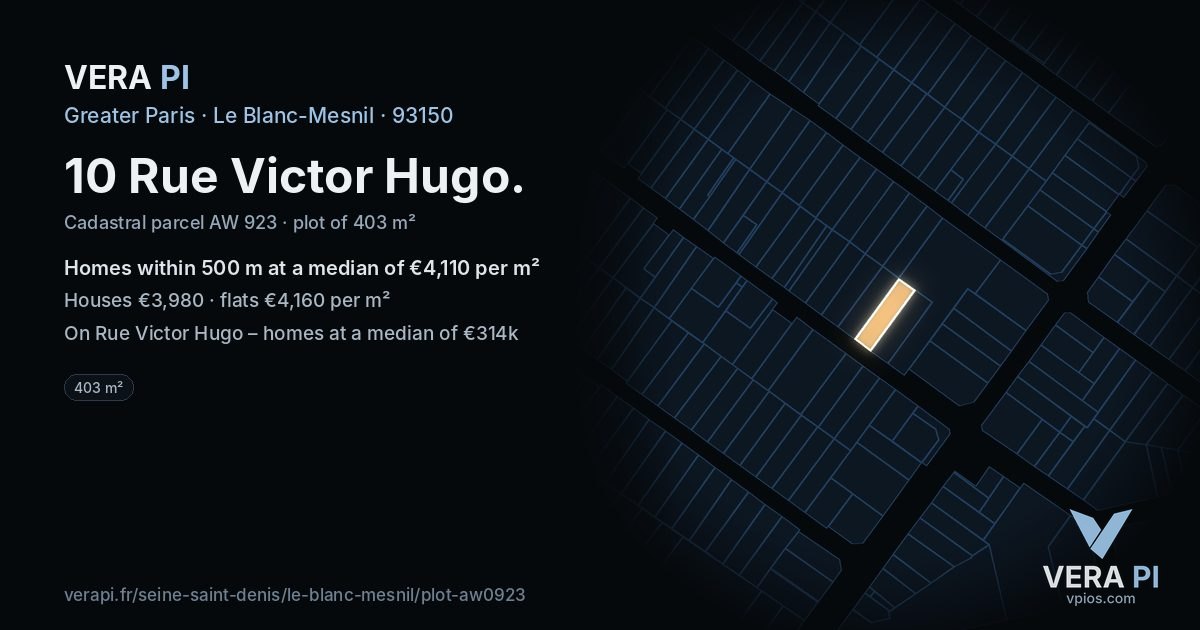 10 Rue Victor Hugo, Le Blanc-Mesnil at night – the plot lit, the parcels around coloured by the prices near them