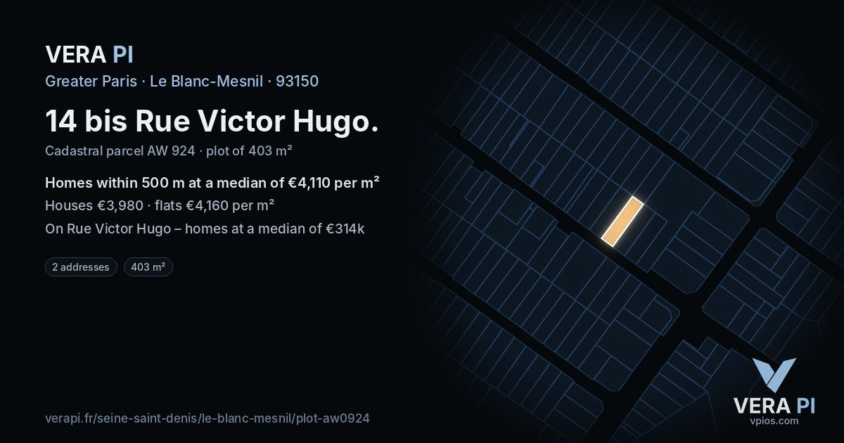 14 bis Rue Victor Hugo, Le Blanc-Mesnil at night – the plot lit, the parcels around coloured by the prices near them