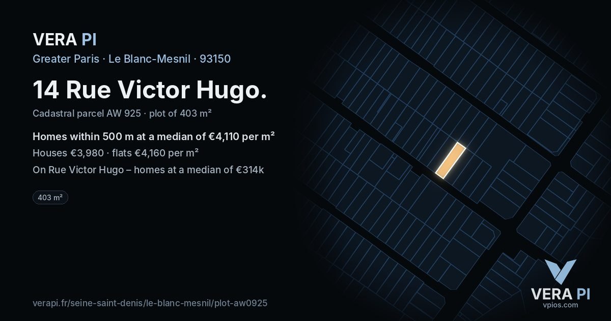 14 Rue Victor Hugo, Le Blanc-Mesnil at night – the plot lit, the parcels around coloured by the prices near them