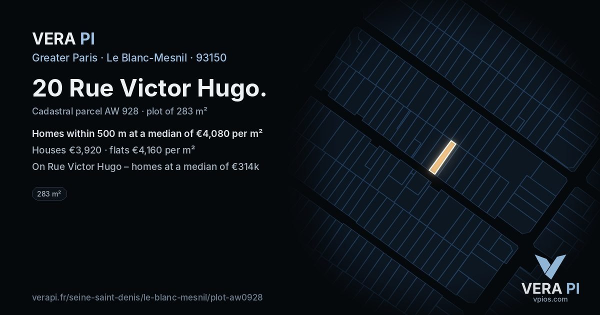 20 Rue Victor Hugo, Le Blanc-Mesnil at night – the plot lit, the parcels around coloured by the prices near them