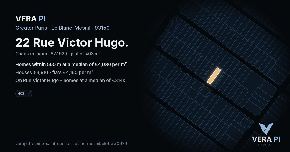 22 Rue Victor Hugo, Le Blanc-Mesnil at night – the plot lit, the parcels around coloured by the prices near them