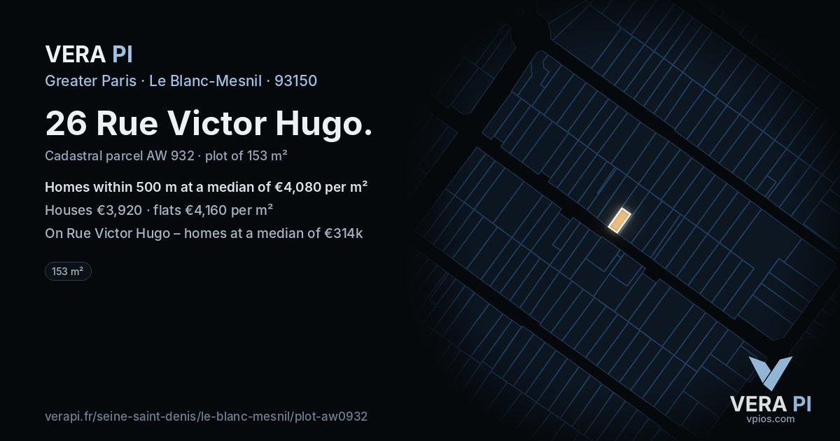 26 Rue Victor Hugo, Le Blanc-Mesnil at night – the plot lit, the parcels around coloured by the prices near them