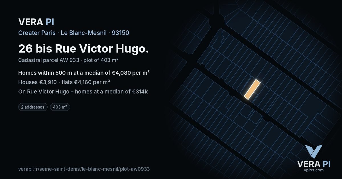 26 bis Rue Victor Hugo, Le Blanc-Mesnil at night – the plot lit, the parcels around coloured by the prices near them