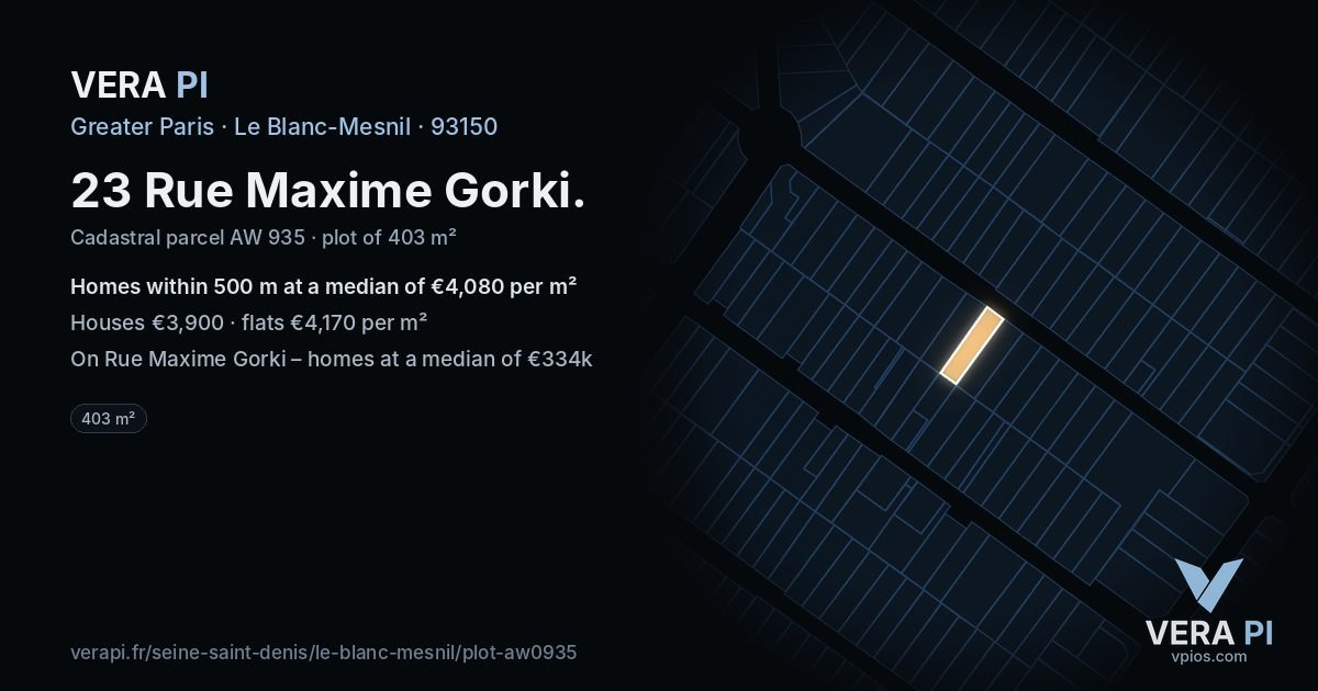 23 Rue Maxime Gorki, Le Blanc-Mesnil at night – the plot lit, the parcels around coloured by the prices near them