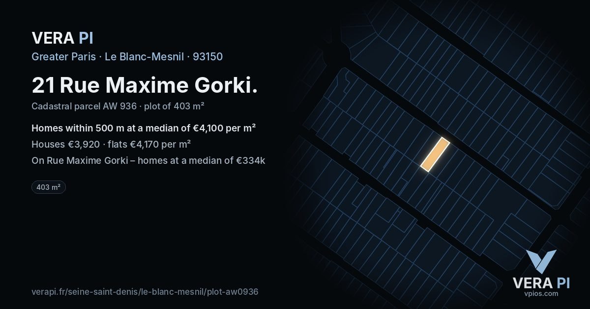 21 Rue Maxime Gorki, Le Blanc-Mesnil at night – the plot lit, the parcels around coloured by the prices near them