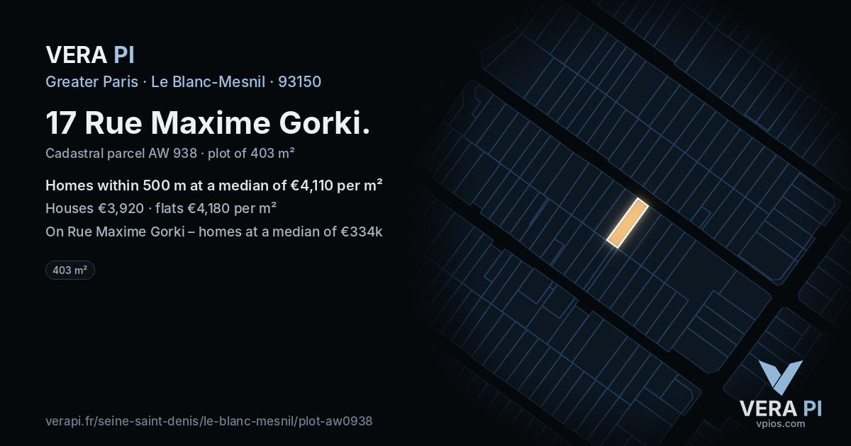 17 Rue Maxime Gorki, Le Blanc-Mesnil at night – the plot lit, the parcels around coloured by the prices near them