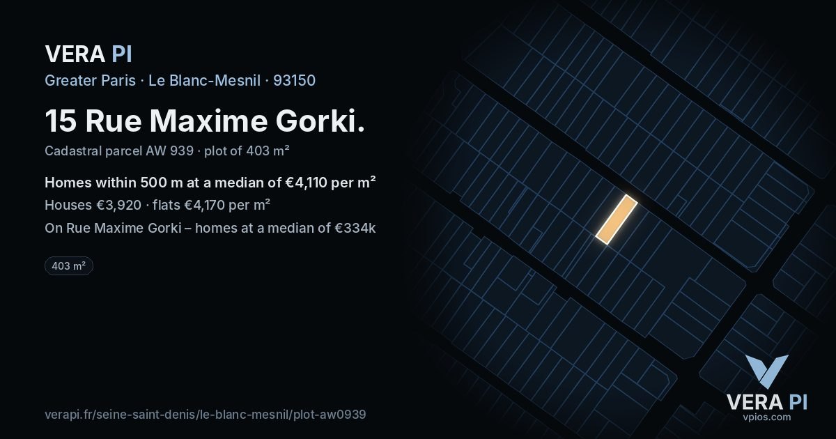 15 Rue Maxime Gorki, Le Blanc-Mesnil at night – the plot lit, the parcels around coloured by the prices near them