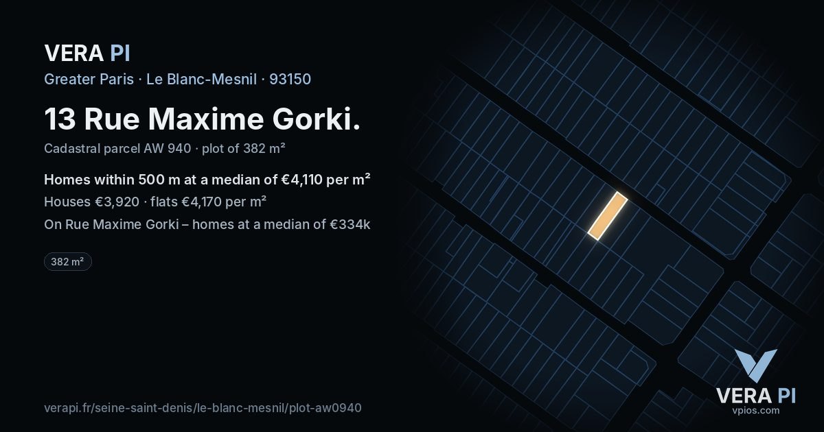 13 Rue Maxime Gorki, Le Blanc-Mesnil at night – the plot lit, the parcels around coloured by the prices near them