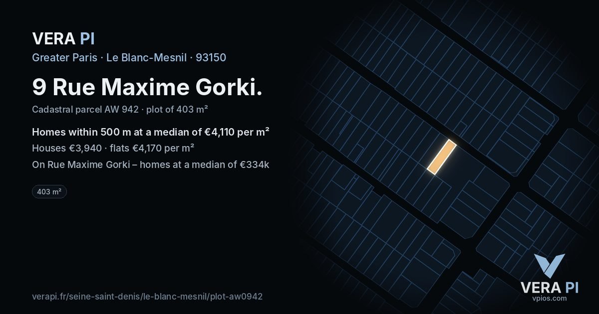 9 Rue Maxime Gorki, Le Blanc-Mesnil at night – the plot lit, the parcels around coloured by the prices near them