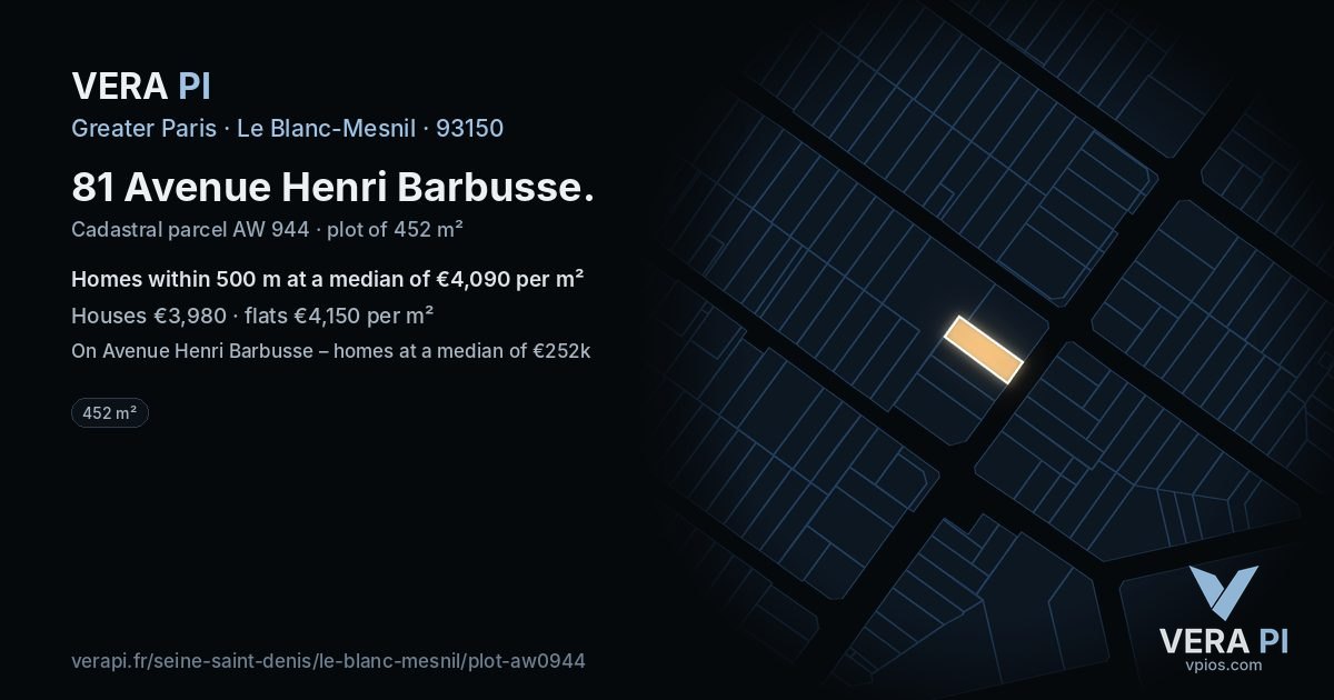 81 Avenue Henri Barbusse, Le Blanc-Mesnil at night – the plot lit, the parcels around coloured by the prices near them