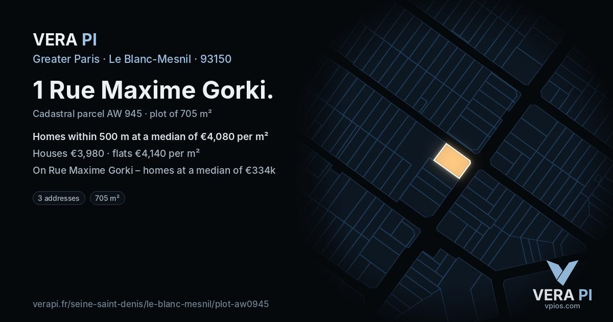 1 Rue Maxime Gorki, Le Blanc-Mesnil at night – the plot lit, the parcels around coloured by the prices near them