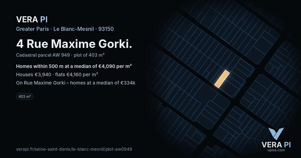 4 Rue Maxime Gorki, Le Blanc-Mesnil at night – the plot lit, the parcels around coloured by the prices near them