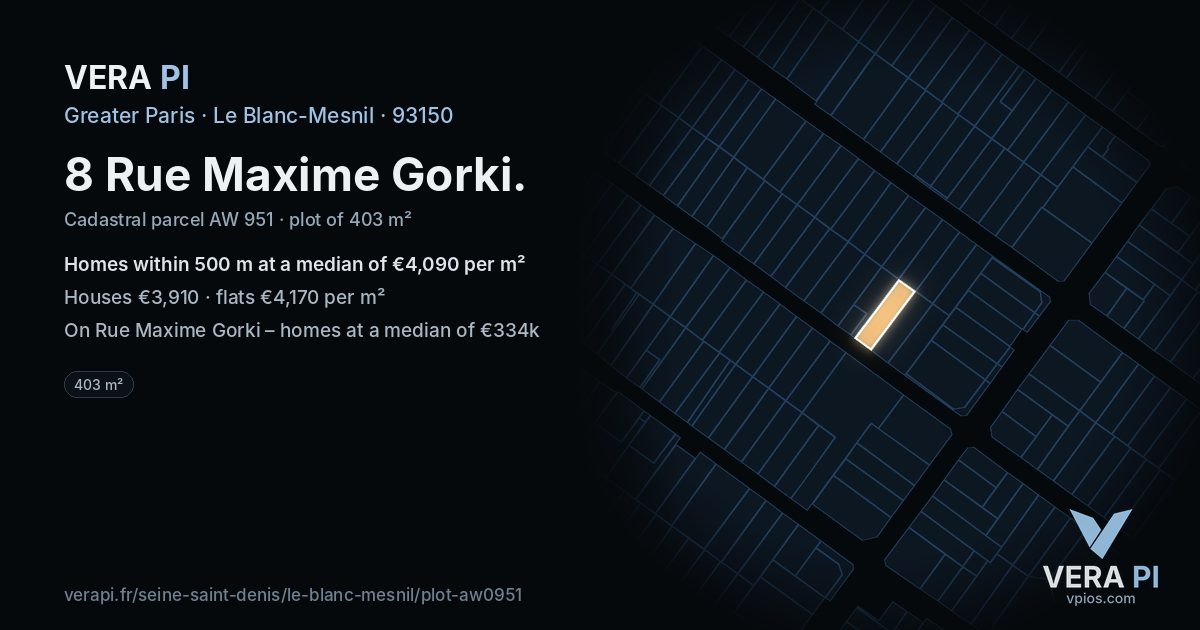 8 Rue Maxime Gorki, Le Blanc-Mesnil at night – the plot lit, the parcels around coloured by the prices near them