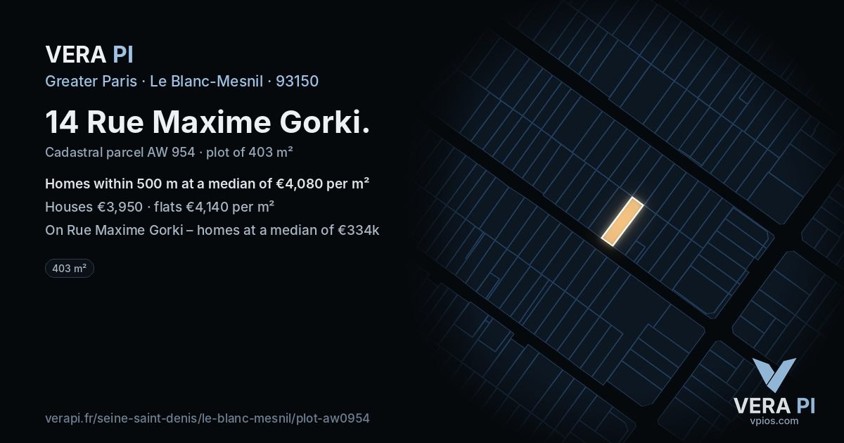 14 Rue Maxime Gorki, Le Blanc-Mesnil at night – the plot lit, the parcels around coloured by the prices near them