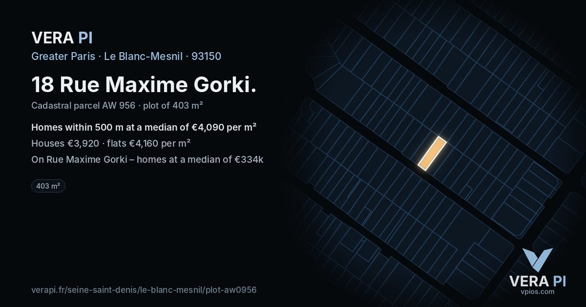 18 Rue Maxime Gorki, Le Blanc-Mesnil at night – the plot lit, the parcels around coloured by the prices near them