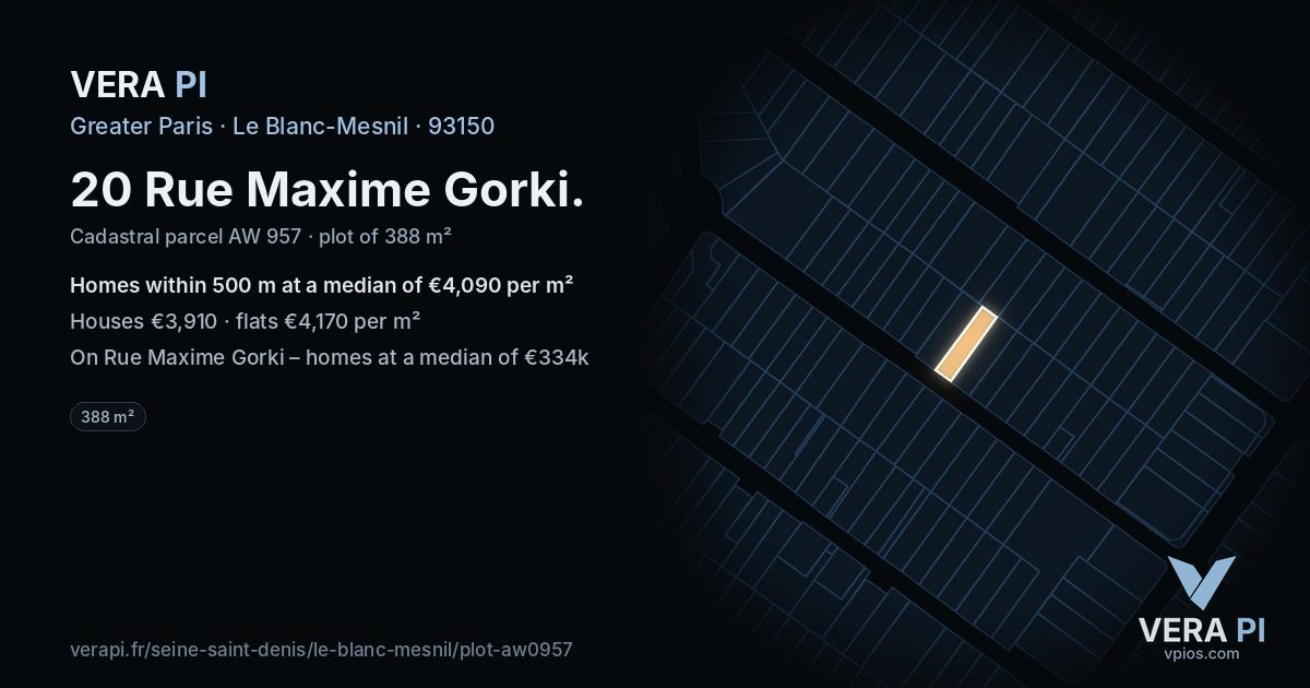 20 Rue Maxime Gorki, Le Blanc-Mesnil at night – the plot lit, the parcels around coloured by the prices near them